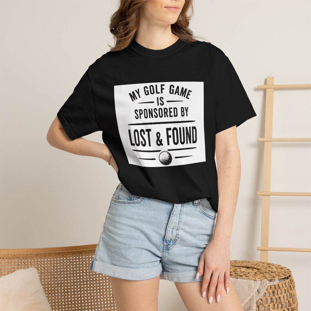 Golf T-Shirt — “My Golf Game Is Sponsored by Lost & Found” Funny Golf Humor Tee