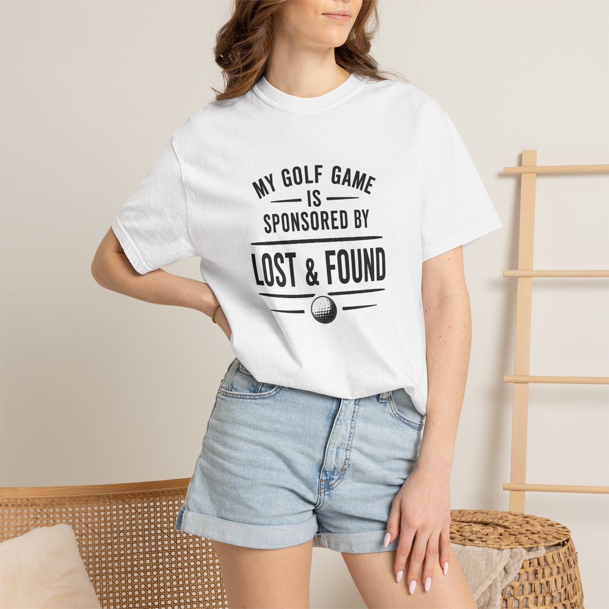 Golf T-Shirt — “My Golf Game Is Sponsored by Lost & Found” Funny Golf Humor Tee