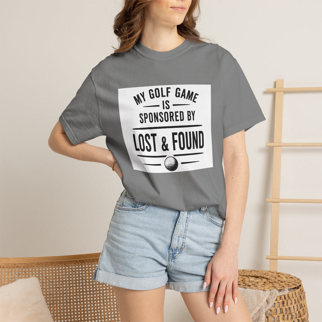 Golf T-Shirt — “My Golf Game Is Sponsored by Lost & Found” Funny Golf Humor Tee