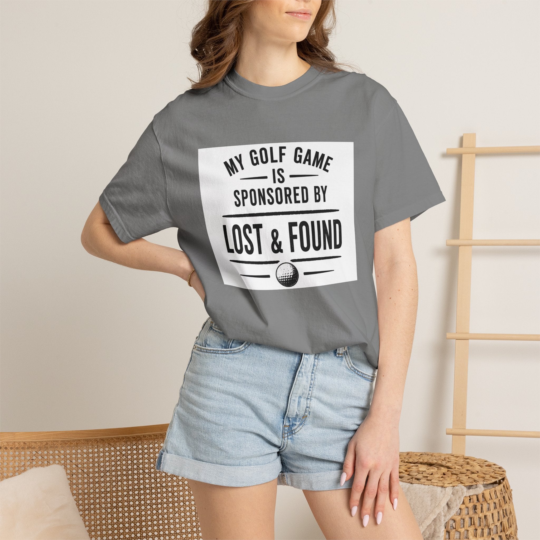 Golf T-Shirt — “My Golf Game Is Sponsored by Lost & Found” Funny Golf Humor Tee